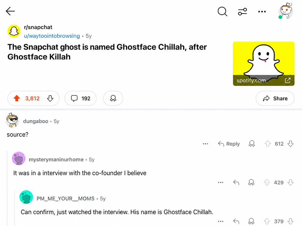 r/snapchat Reddit post: 'SNAP's mascot in Japan, her name is Ghostface Chillah, she likes grilled meat and computer DIY, she also attends Picaboo'